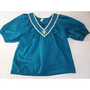 Vintage 70’s Ladies Malco Modes Teal Square Dance SS Top W/Puff Sleeves Size M